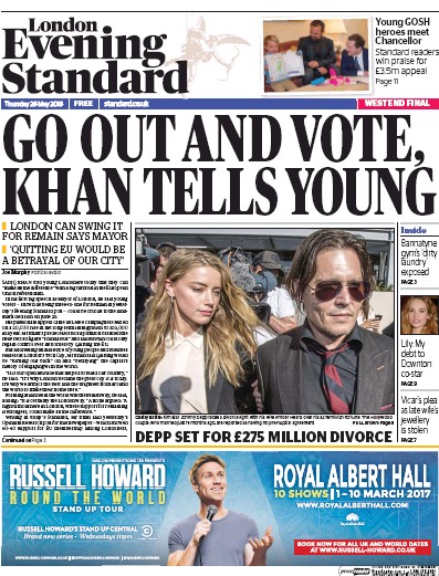 London Evening Standard Newspaper Front Page for 27 May 2016