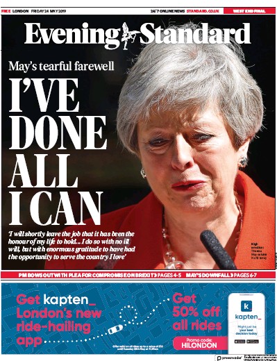 London Evening Standard Newspaper Front Page for 27 May 2019
