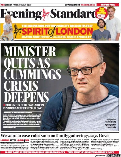 London Evening Standard Newspaper Front Page for 27 May 2020