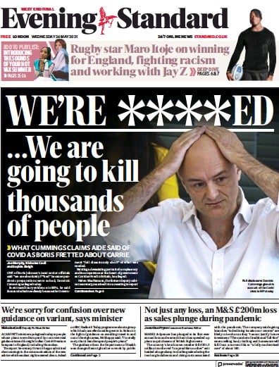 London Evening Standard Newspaper Front Page for 27 May 2021