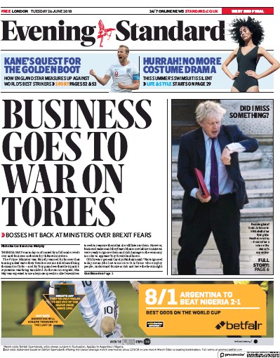 London Evening Standard Newspaper Front Page for 27 June 2018