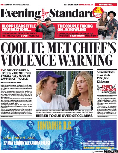 London Evening Standard Newspaper Front Page for 27 June 2020