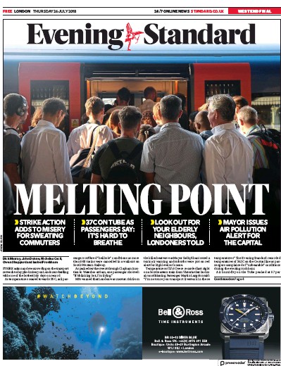 London Evening Standard Newspaper Front Page for 27 July 2018