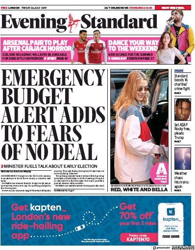 London Evening Standard Newspaper Front Page for 27 July 2019