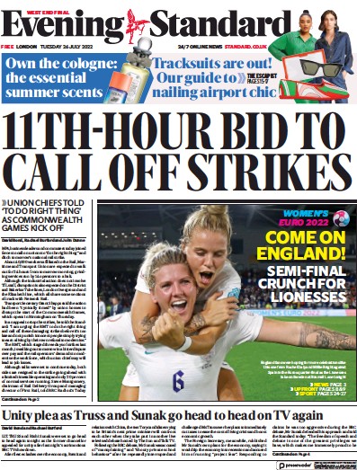 London Evening Standard Newspaper Front Page for 27 July 2022