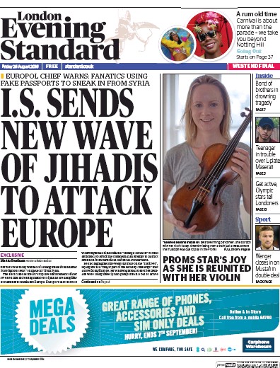London Evening Standard (UK) Newspaper Front Page for 27 August 2016