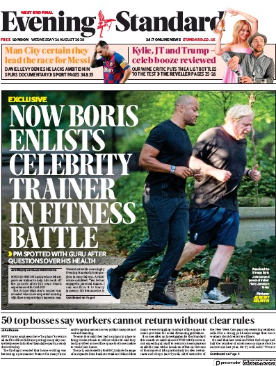 London Evening Standard Newspaper Front Page for 27 August 2020