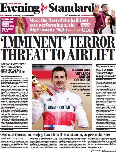 London Evening Standard (UK) Newspaper Front Page for 27 August 2021