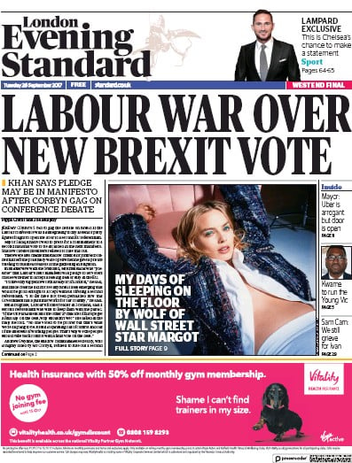 London Evening Standard Newspaper Front Page for 27 September 2017