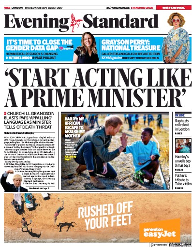 London Evening Standard Newspaper Front Page for 27 September 2019