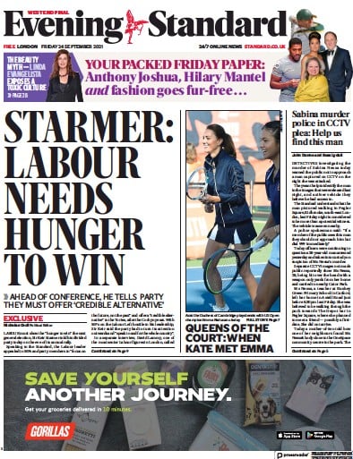 London Evening Standard (UK) Newspaper Front Page for 27 September 2021