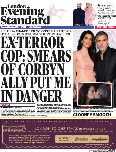 London Evening Standard Newspaper Front Page for 28 October 2015