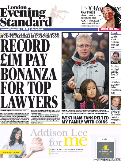 London Evening Standard Newspaper Front Page for 28 October 2016