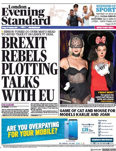 London Evening Standard Newspaper Front Page for 28 October 2017
