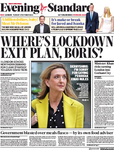 London Evening Standard Newspaper Front Page for 28 October 2020