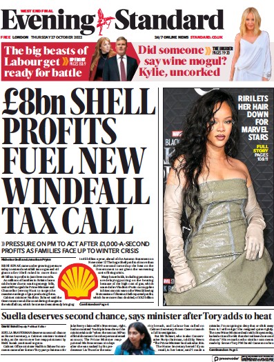 London Evening Standard Newspaper Front Page for 28 October 2022