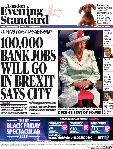 London Evening Standard Newspaper Front Page for 28 November 2015