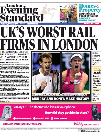 London Evening Standard Newspaper Front Page for 28 January 2016