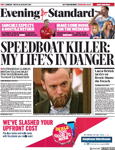 London Evening Standard (UK) Newspaper Front Page for 28 January 2019