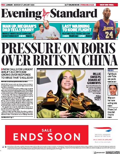 London Evening Standard Newspaper Front Page for 28 January 2020