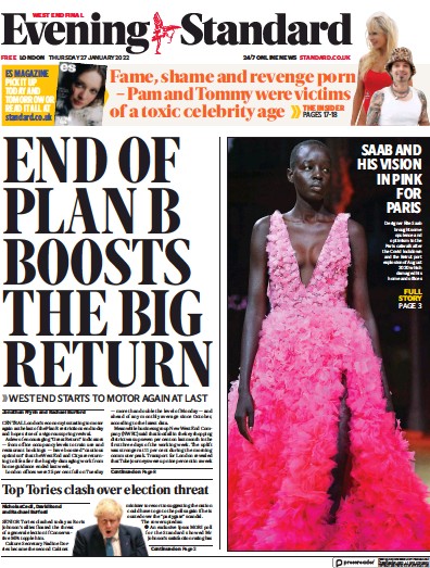 London Evening Standard (UK) Newspaper Front Page for 28 January 2022
