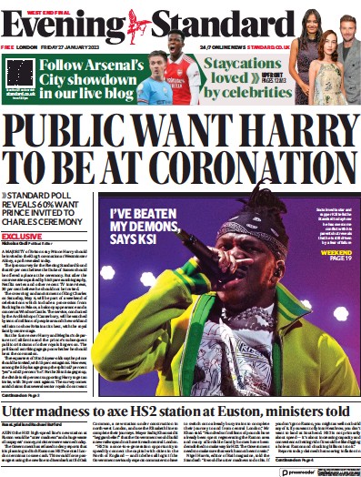 London Evening Standard (UK) Newspaper Front Page for 28 January 2023