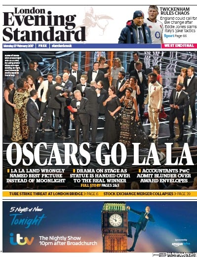 London Evening Standard Newspaper Front Page for 28 February 2017