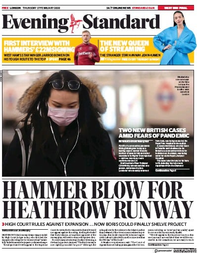London Evening Standard Newspaper Front Page for 28 February 2020