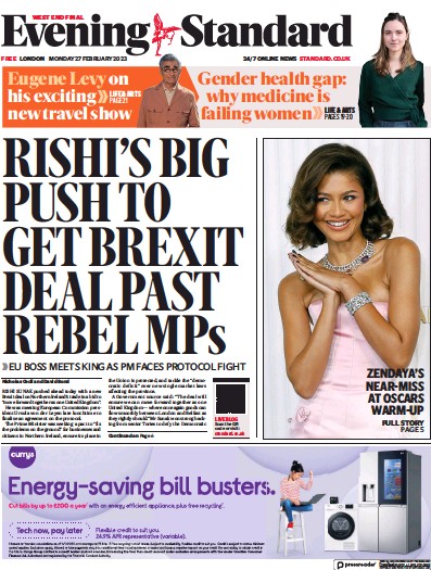 London Evening Standard (UK) Newspaper Front Page for 28 February 2023