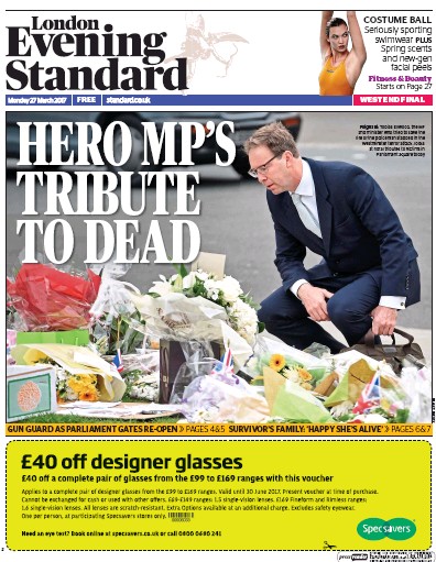London Evening Standard (UK) Newspaper Front Page for 28 March 2017