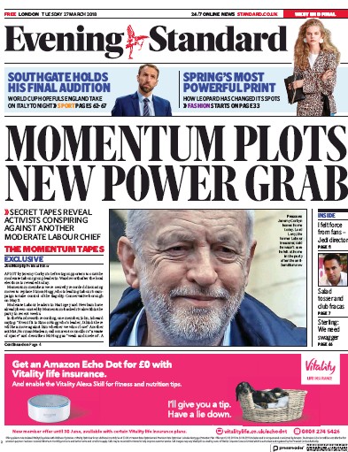 London Evening Standard Newspaper Front Page for 28 March 2018