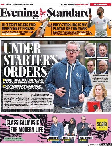 London Evening Standard (UK) Newspaper Front Page for 28 March 2019