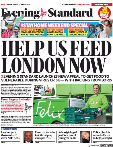London Evening Standard (UK) Newspaper Front Page for 28 March 2020