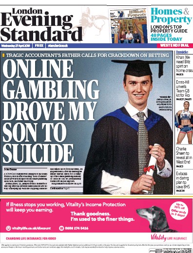 London Evening Standard Newspaper Front Page for 28 April 2016