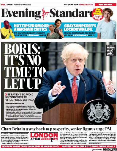 London Evening Standard (UK) Newspaper Front Page for 28 April 2020