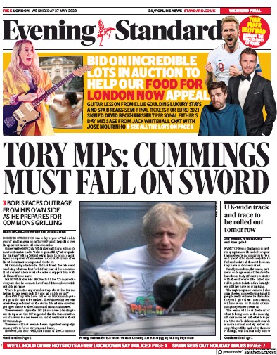 London Evening Standard (UK) Newspaper Front Page for 28 May 2020