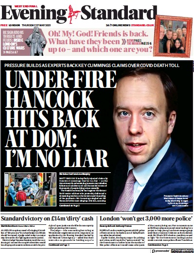 London Evening Standard Newspaper Front Page for 28 May 2021