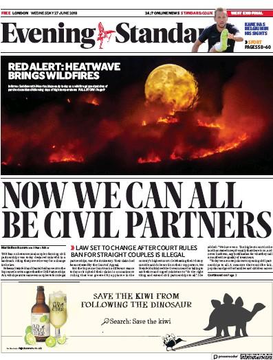 London Evening Standard Newspaper Front Page for 28 June 2018