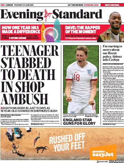 London Evening Standard Newspaper Front Page for 28 June 2019