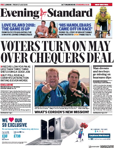London Evening Standard Newspaper Front Page for 28 July 2018