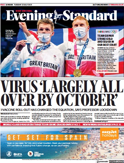 London Evening Standard (UK) Newspaper Front Page for 28 July 2021