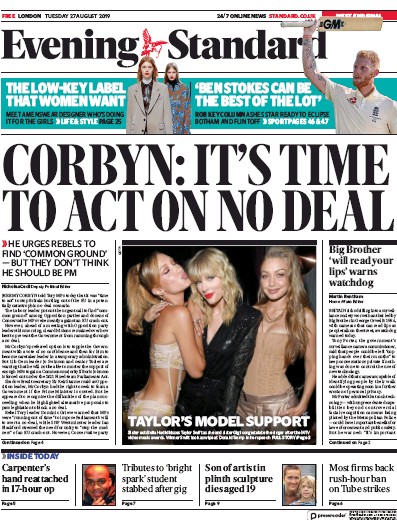 London Evening Standard Newspaper Front Page for 28 August 2019