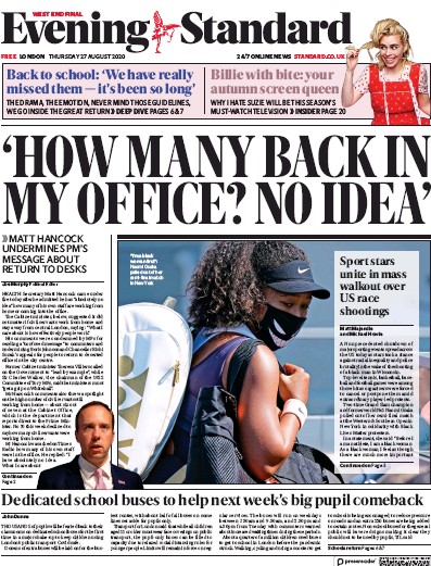 London Evening Standard Newspaper Front Page for 28 August 2020