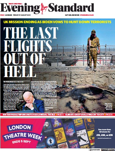 London Evening Standard (UK) Newspaper Front Page for 28 August 2021