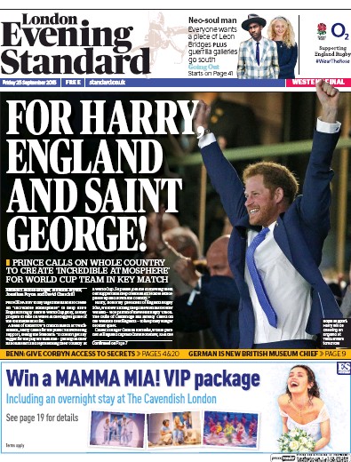 London Evening Standard Newspaper Front Page for 28 September 2015