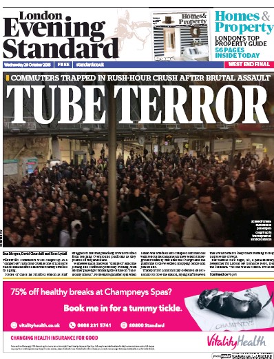London Evening Standard Newspaper Front Page for 29 October 2015