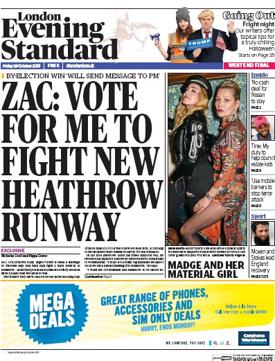 London Evening Standard Newspaper Front Page for 29 October 2016