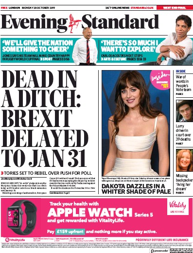 London Evening Standard Newspaper Front Page for 29 October 2019