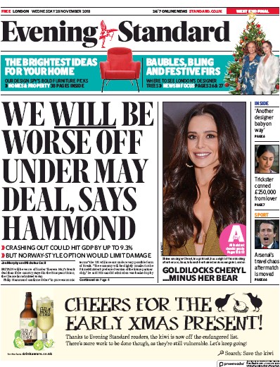 London Evening Standard Newspaper Front Page for 29 November 2018