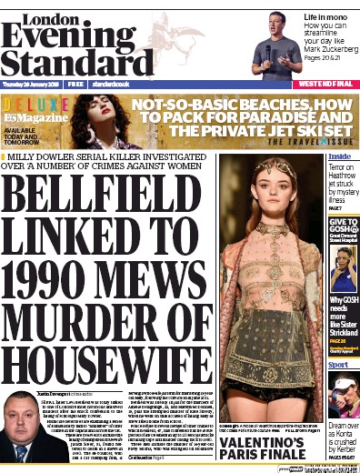 London Evening Standard Newspaper Front Page for 29 January 2016